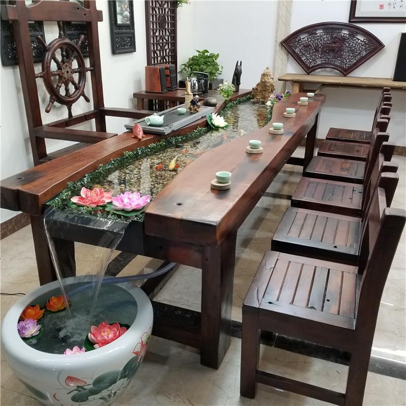 老船木茶桌椅组合禅意循环流水养鱼茶桌创意鱼缸茶几实木泡茶茶台