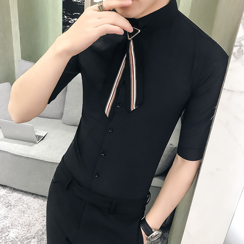 夏款夜店个性帅气5分袖衬衫韩版修身型师个性装饰领结中袖衬衣