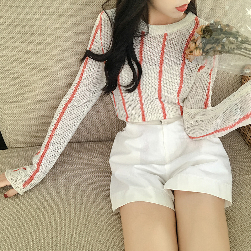 2018新款夏条纹针织衫女罩衫薄款韩版打底衫毛衣网洞上衣镂空秋装蓝色条纹均码