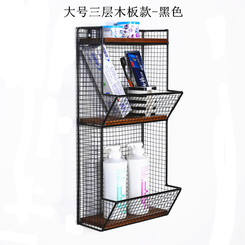 免打孔置物架铁艺墙上收纳杂物架实木壁挂厨房浴室架墙壁搁板架子 三维工匠 大号三层木板款黑色浴室置物架高清大图