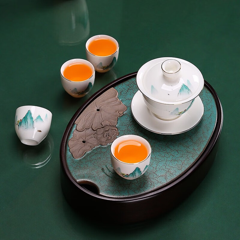 金镶玉 碧水舟行羊脂玉瓷描金套组 功夫茶具套装 陶瓷白瓷泡茶壶盖碗公道杯茶杯礼盒装高清大图