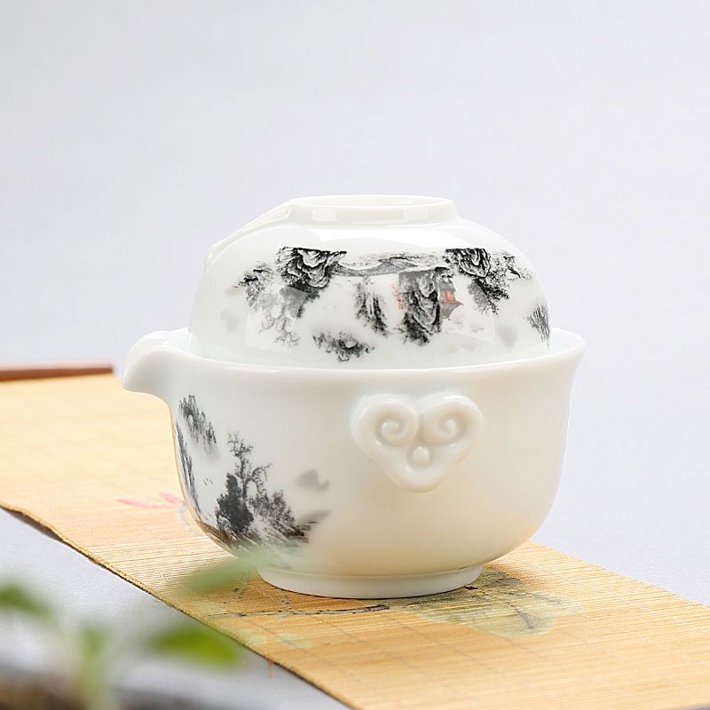 快客杯 陶瓷旅行茶具套装便携式简约泡茶壶户外功夫茶具一壶一杯 莲开并蒂