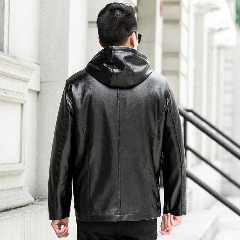 yuansu秋冬季男士皮衣加绒加厚连帽骑行机车外套中老年人皮夹克爸爸