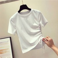含棉]牛油果绿t恤女短袖2021新款春夏季修身抽绳设计感短款上衣 光板 白色 XL 121-130斤