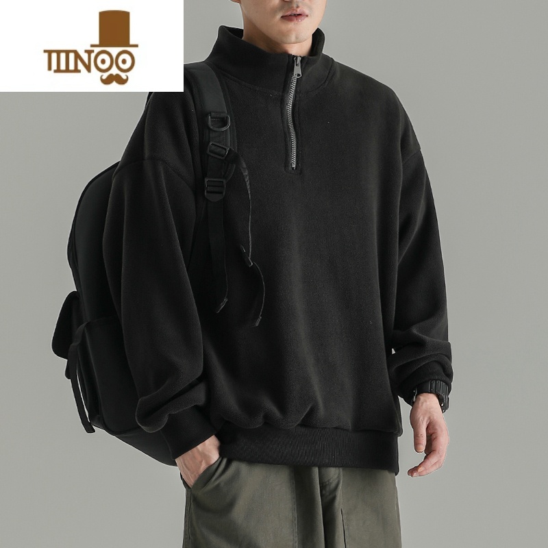 YANXU半拉链高领奥粒绒卫衣男日系复古纯色加绒厚外套双面绒上衣高清大图