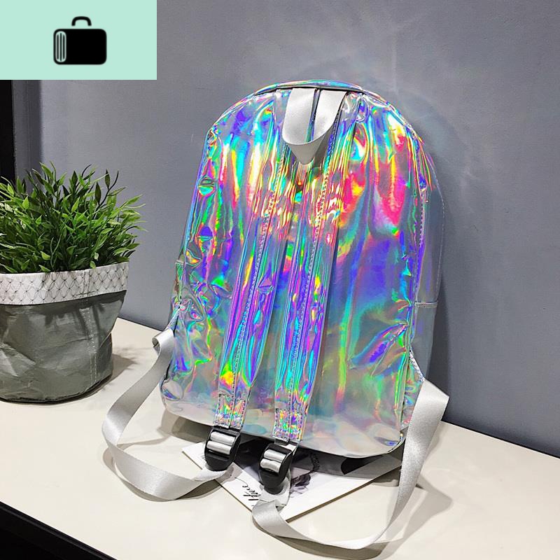 2020新款七彩镭射书包女韩版原宿个性背包校园学生简约字母双肩包NEW LAKE高清大图
