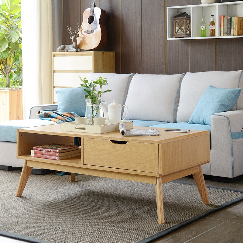 A家家具 茶几 茶几电视柜组合 现代简约咖啡桌 北欧客厅实木板木边桌 原木色