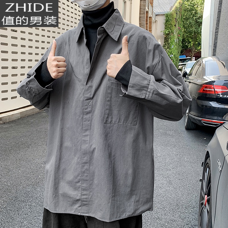SUNTEK假两件衬衫男长袖韩系风格穿搭春季叠穿上衣设计感高领内搭打底衫衬衫