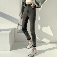 唐狮烟灰色牛仔裤女新款高腰显瘦修身小脚裤紧身九分裤子