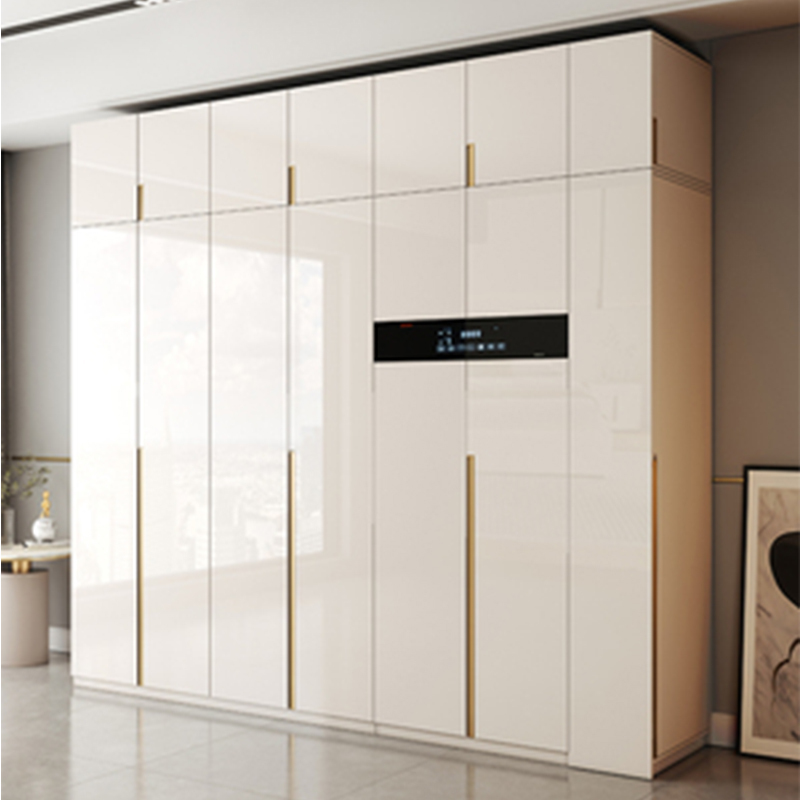 实木衣柜卧室家用玻璃l型衣帽间组合柜子90度转角智能衣橱奶油白