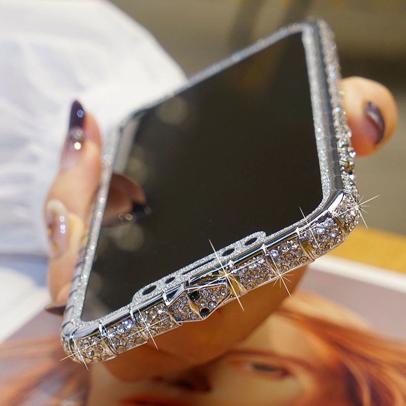 适用苹果13手机壳带钻边框iPhone12PRoMax金属镶钻11水钻保护套女 [钻石银+闪膜]蛇扣 iPhone 12