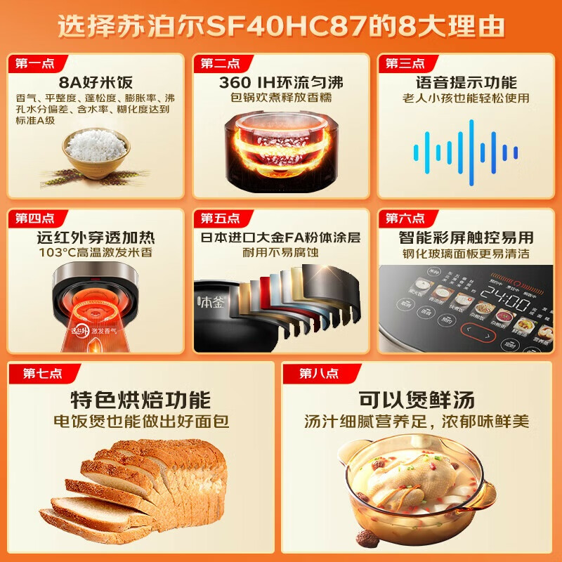 苏泊尔(SUPOR)4L远红外360环流IH本釜电饭煲电饭锅8A好米饭彩屏触控家用智能多功能SF40HC87高清大图