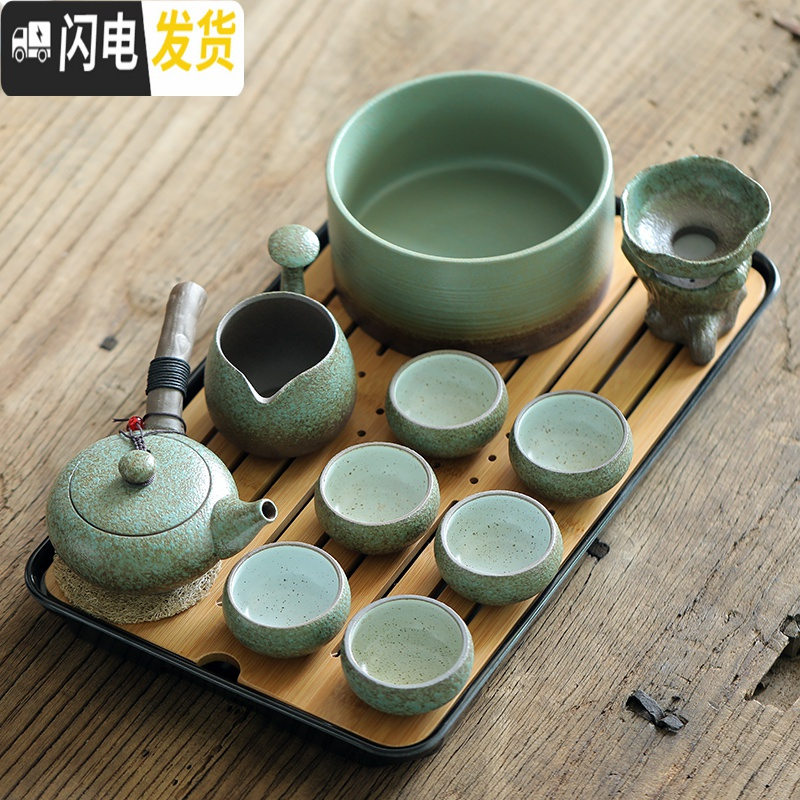 三维工匠粗陶功夫茶具套装客厅办公侧把茶壶茶杯套装家用简约现代整套日式 粗陶绿色西施壶13头小罗汉杯