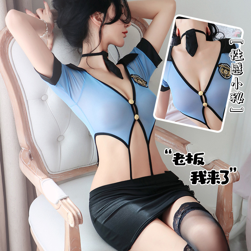 长夜漫漫情趣内衣透视纯欲包臀裙火辣床上激情女警制服套装女1914 蓝色+开档丝袜 均码(80-120斤)