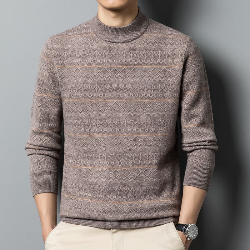 旗舰店加厚款纯羊毛衫男冬季半高领提花潮流针织打底衫男装保暖毛衣