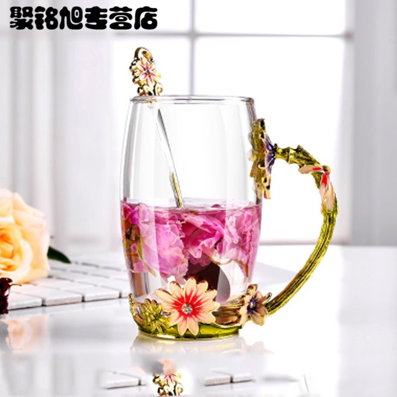 珐琅彩水杯花茶杯泡茶杯家用玻璃杯珐琅杯咖啡杯花舍茶杯生活日用家庭清洁生活日用家居器皿水具水杯水杯花茶杯泡茶杯
