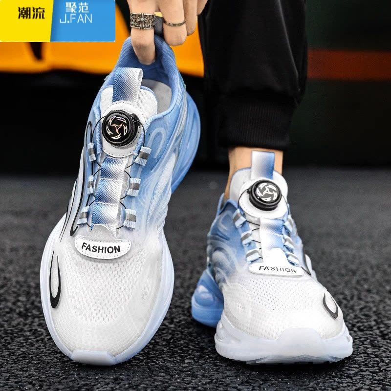 聚范旋转纽扣运动鞋男款夏季网面透气青少年免系带休闲气垫跑步鞋图片