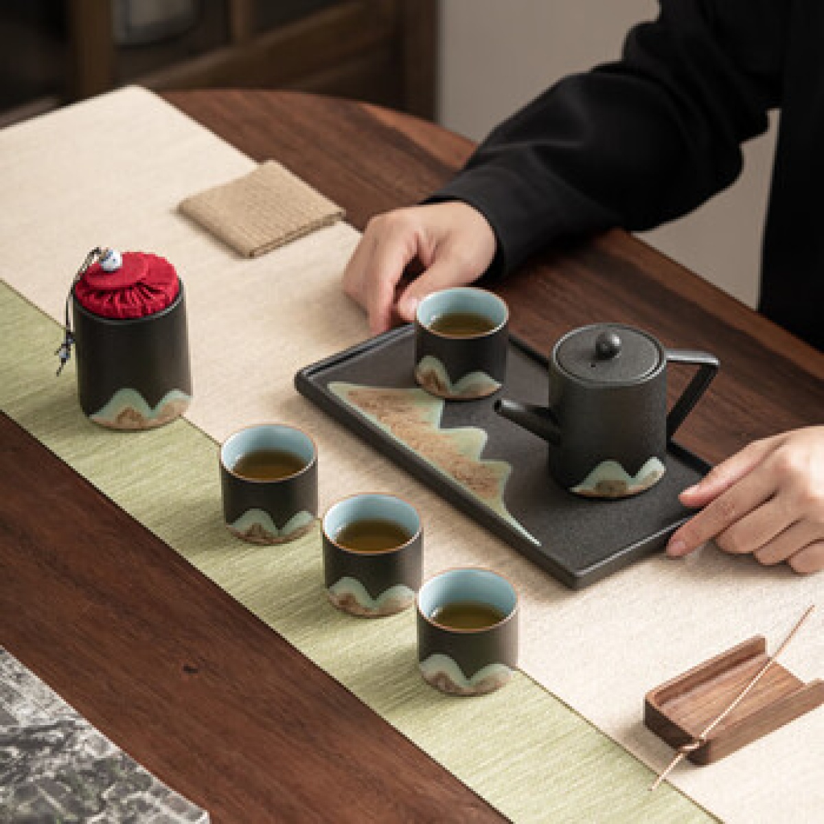 苏氏陶瓷手绘彩画整套茶具配干泡盘直筒壶茶叶罐7件功夫茶杯茶具节日礼盒_高清大图