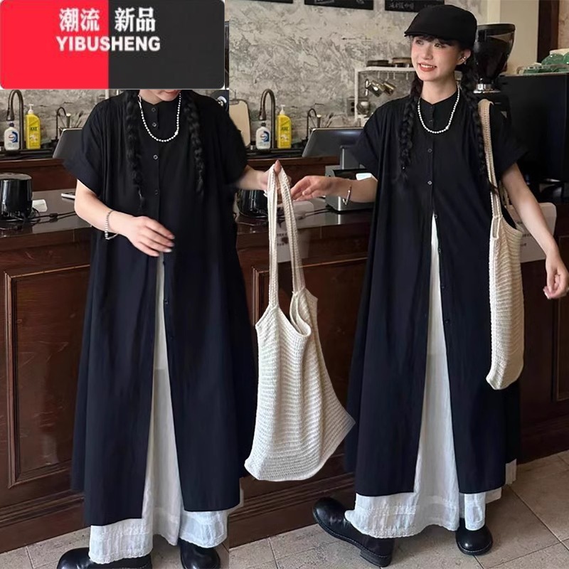 YIBUSHENG日系山本风中长款黑色衬衫裙子女季2024新款小个子设计感连衣裙