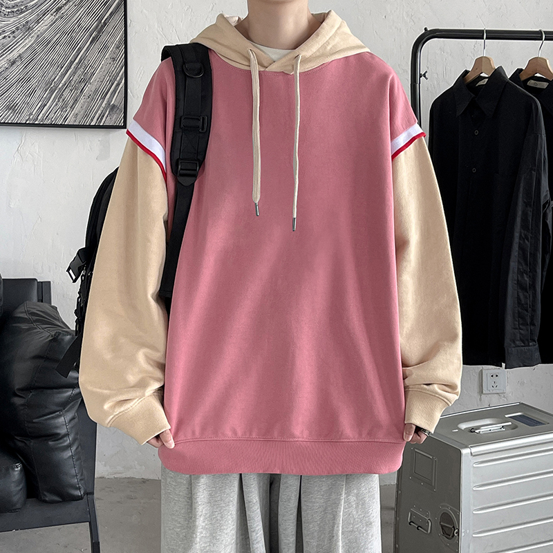 拼色假两件卫衣男加肥加大码潮牌胖子宽松连帽外套