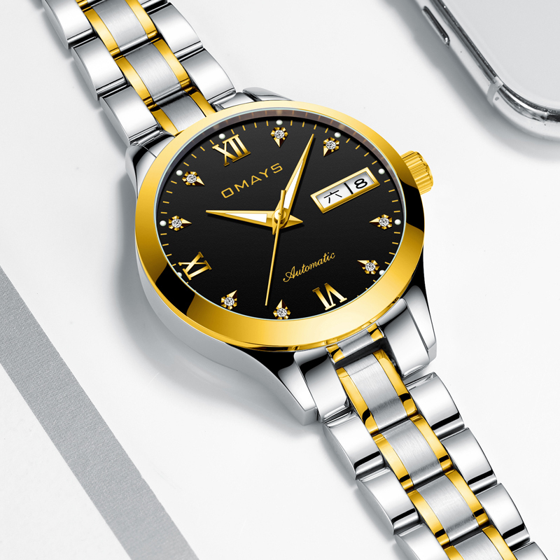 欧美时omays手表女士商务双日历全自动机械表时尚名牌潮流名媛气质女