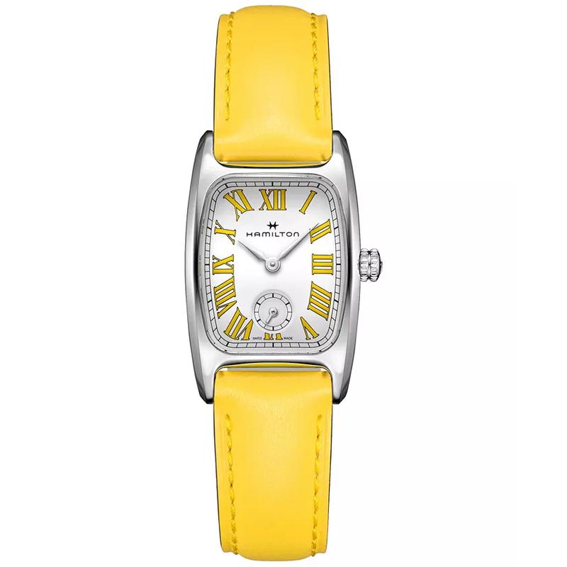 汉米尔顿(Hamilton)女士石英表矩形不锈钢表壳黄牛皮表带白盘女款经典时尚防水高清大图
