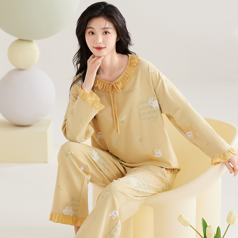 浪莎睡衣女春秋冬款花边公主风纯棉长袖裤套装冬天女生甜美家居冬高清大图