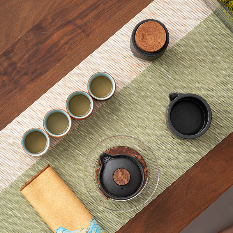 苏氏陶瓷(SUSHI CERAMICS)手绘釉画彩千里江山四色杯清风壶套装禅黑文创伴手礼套组