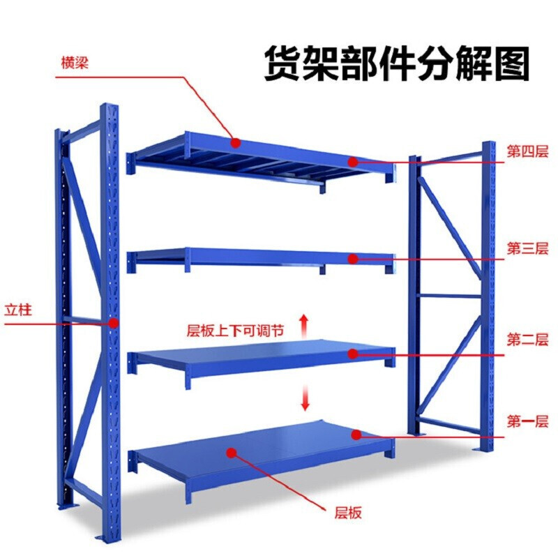 货架金属储物架置物架 单层承重100kg 120*50*200m(4层层横梁与层板,不含两边立柱)非完整货架,勿拍高清大图