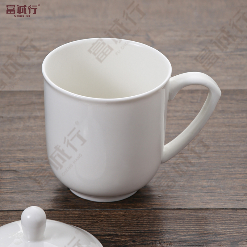 富诚行 2号荷纹兆丰 12.5*9cm 带盖 陶瓷杯 白色 (计价单位:个)高清大图
