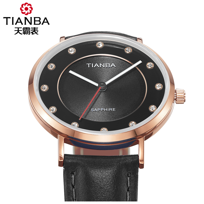 天霸(TIANBA)光彩系列光能太阳能进口机芯时尚商务休闲腕表国产品牌女士皮带简约光能表TL9006.01PK黑色