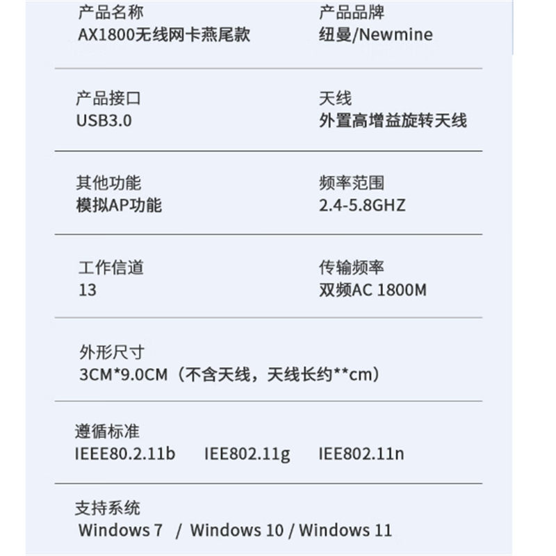 纽曼(Newmine)无线网卡wifi接收器ax1800 wifi6 5G双频1800M千兆电竞无线网卡