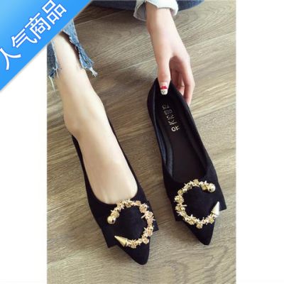 SUNTEK尖头单鞋女2022年新款女鞋韩版百搭豆豆鞋软底秋季平底平跟女单鞋 黑色 39