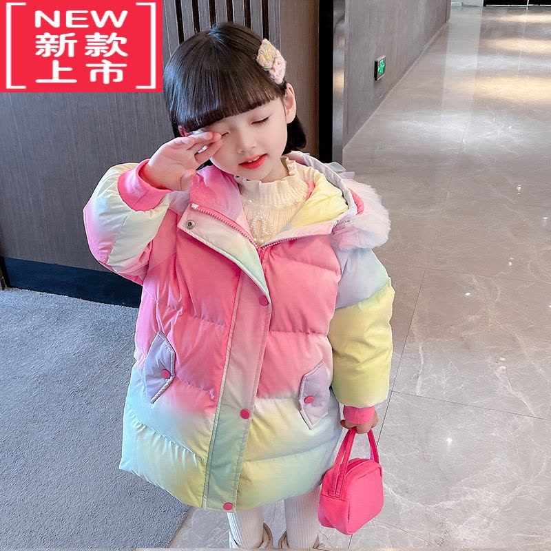 可莉允女童棉服2022年新款冬季中长款洋气毛领外套宝宝加厚羽绒服图片