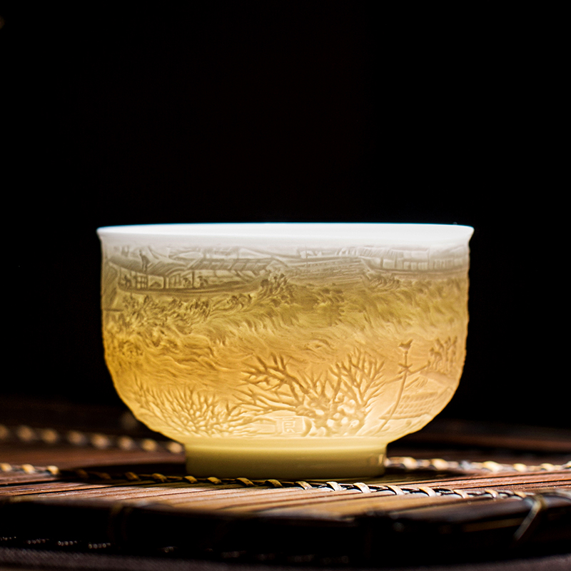 金镶玉 景德镇黄守良手工 影青瓷主人杯 家用陶瓷大容量茶杯茶具礼盒装 黄守良景德镇清明上河图主人杯高清大图
