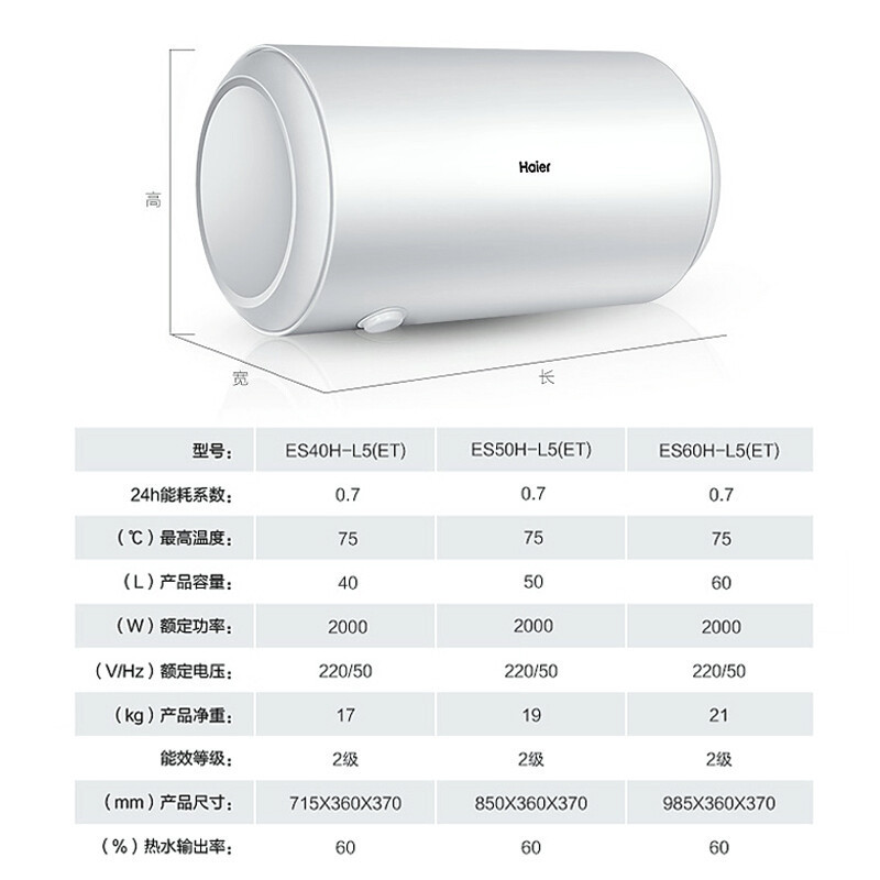 海尔(Haier)电热水器50升线控式隐藏安装吊顶隐藏式2000W速热右出水延时预约中温保温ES50H-L5(ET)