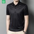 鄂尔多斯男士短袖t恤桑蚕丝条纹新款夏季polo衫真丝中年爸爸装夏季新款桑蚕丝短袖T恤男翻领真丝修身条纹POLO衫短袖 黑色 190/3XL建议185-210斤