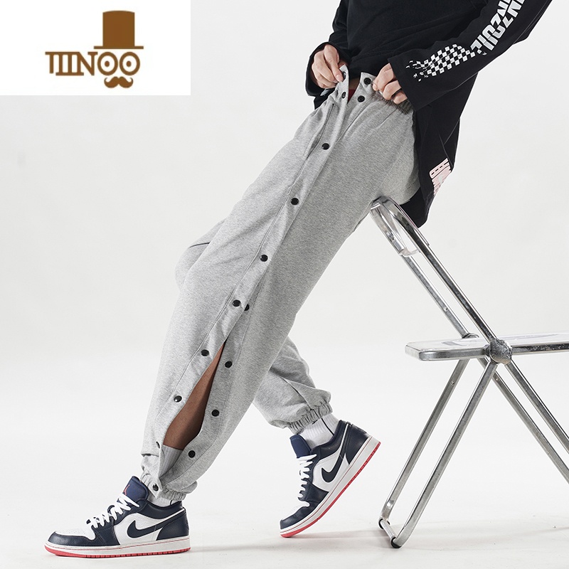 YANXU裤子男夏薄款灰色长裤男美式篮球全开排扣裤休闲九分运动卫裤高清大图