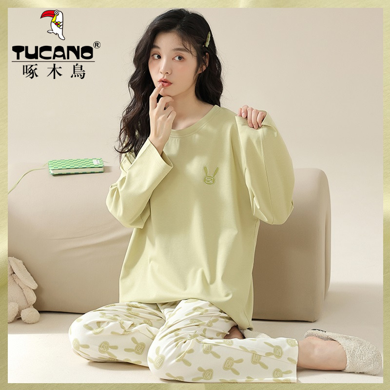 啄木鸟睡衣女春秋季新款纯棉长袖长裤两件套冬夏天女士休闲家居两高清大图