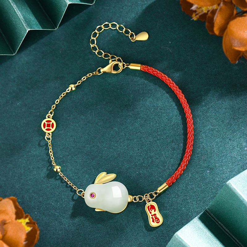 和田玉玉兔手链女s925国潮本命年18K金招财纳福铜钱红绳手绳纯银送女朋友老婆情人节七夕生日礼物