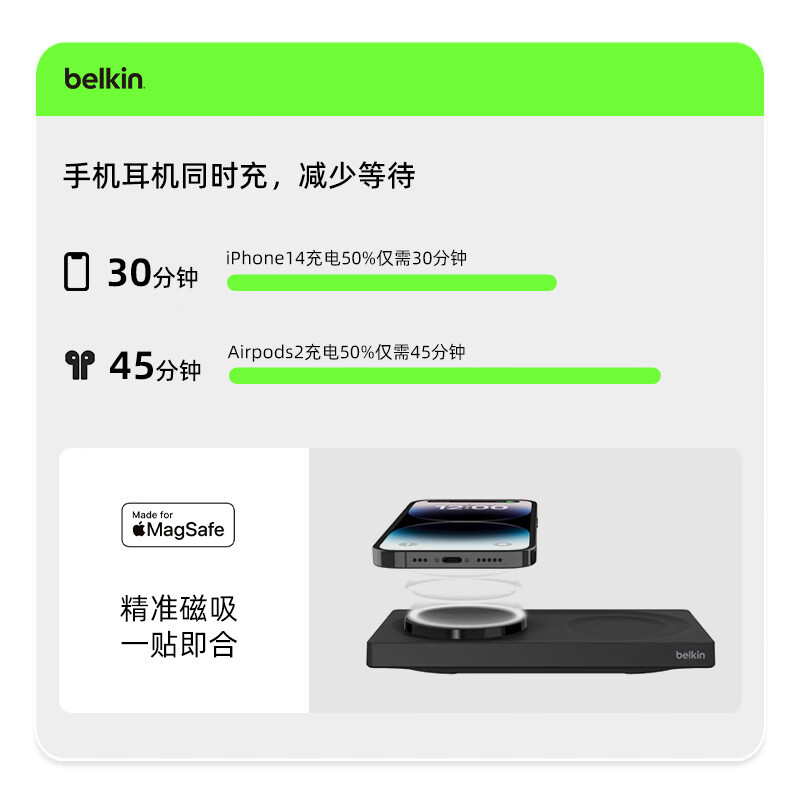 苹果二合一充电器 MagSafe磁吸认证15W快充 iPhone桌面无线充电板Airpods无线充WIZ019黑高清大图