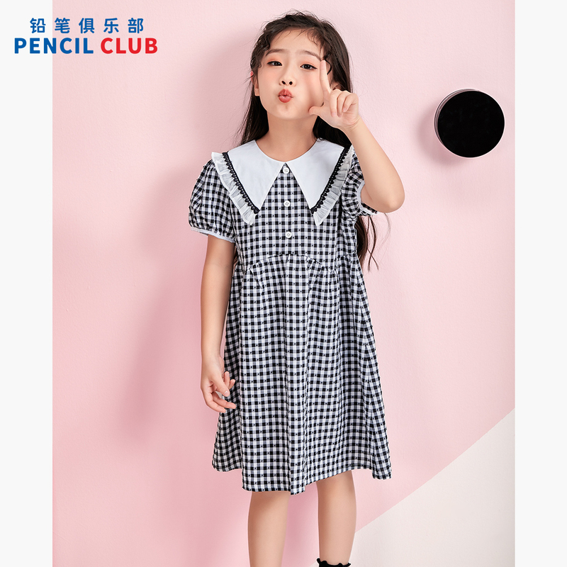 [1件3.5折]铅笔俱乐部2025夏装新款女童连衣裙儿童翻领格子裙中大童甜美裙子