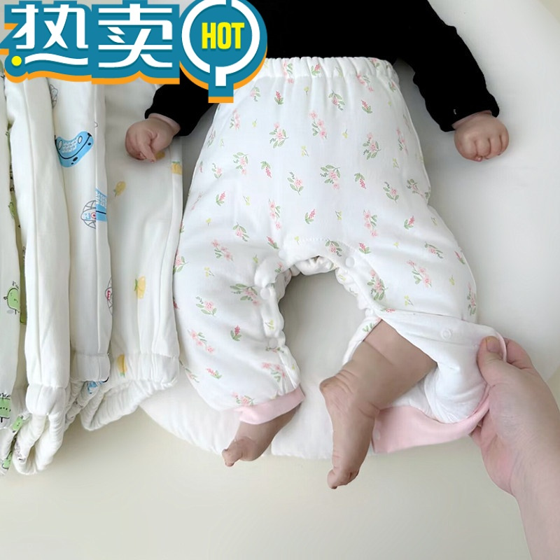 绿彩虹光新生儿婴儿棉裤初生男女宝宝带按扣秋冬季夹棉开扣裤子幼儿保暖裤
