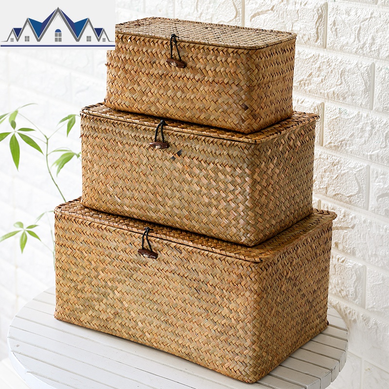 Kens大号编有盖收纳盒 手工编织篮桌面收纳盒 化妆品零食收纳篮 三维工匠 橙色套三