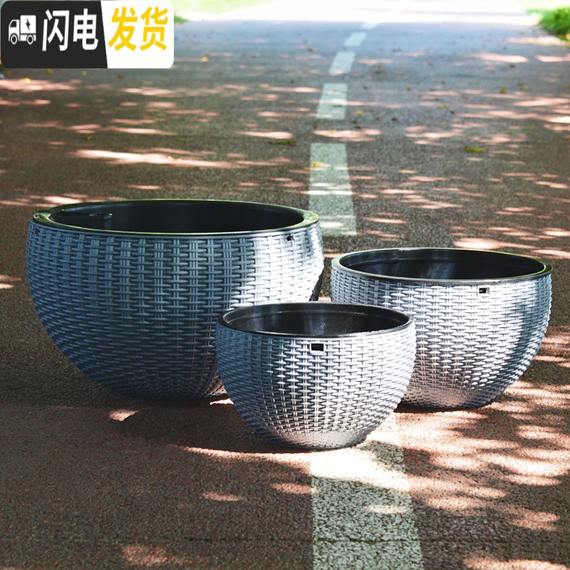 三维工匠加厚仿藤编吊兰盆吊篮花盆塑料树脂吊兰盆悬挂式创意绿萝阳台花盆 银灰色(编藤吊盆) 大花盆容器