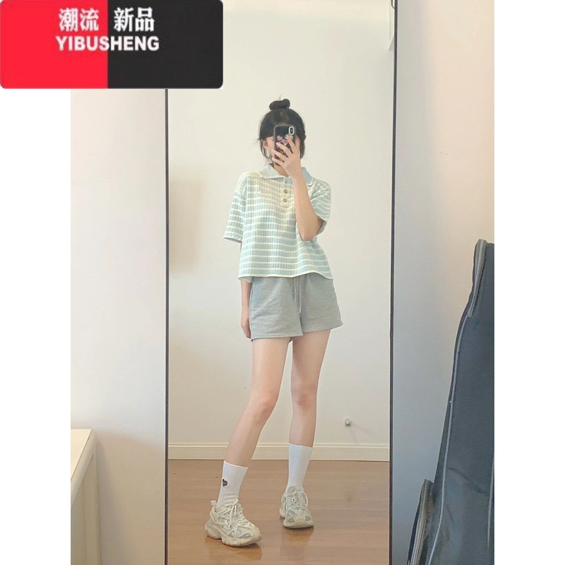 YIBUSHENG浅蓝色条纹短袖t恤女季正肩设计感小众宽松甜美奶乖polo衫上衣