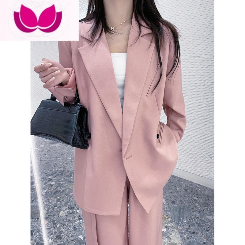 七斓2023新款宽松高级感西装套装女粉色西服外套休闲阔腿裤套高清大图
