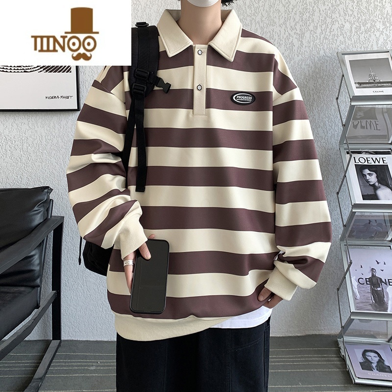 YANXU翻领卫衣男士宽松长袖polo衫休闲复古情侣条纹外套上衣高清大图