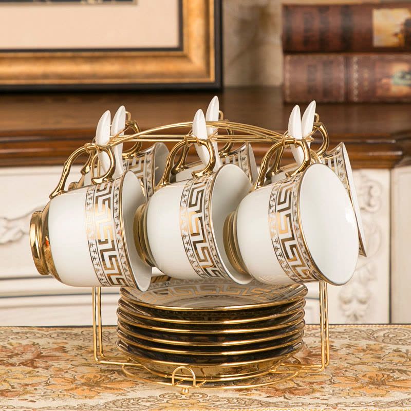 咖啡杯套装英式红茶杯陶瓷水杯子欧式茶具6件套家用办公室马克杯|如意2杯碟勺+架子图片