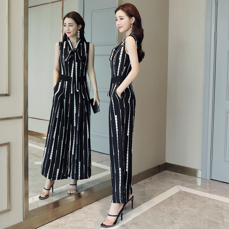 女士夏装新品女装韩版气质显高连体衣时尚条纹背带阔腿裤时髦套装